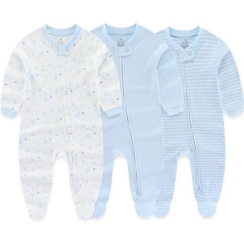 MAMIMAKA Newborn Baby Boy Girls Clothes 2-Way Zip Footed Cotton Bodysuit 3-Pack Long Sleeve Outfits 0-12Months Baby Pajamas