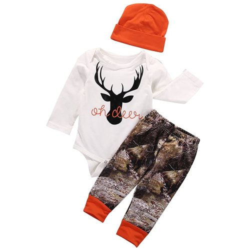 Newborn Baby Boys Long Sleeve Letters Deer Romper Bodysuit Tops Camo Pants with Hat 3 Pcs Outfit Clothes Set