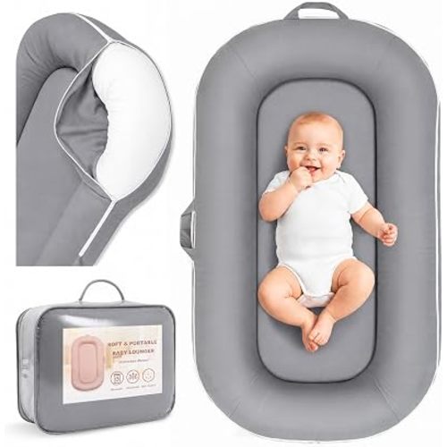 Baby Lounger for Newborn 0-12 Months, Grey Organic Cotton Infant Lounger on Floor for Supervised Tummy Time, Adjustable Portable Support Pad for New Born Awake Use Only