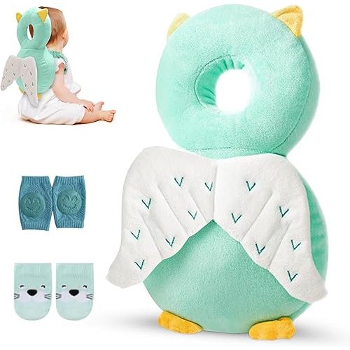 Baby Head Protector Backpack – Toddler Safety Cushion for Crawling & Walking – Infant Fall Protection Pillow with Adjustable Straps – Comes with Knee Pads & Non-Slip Baby Socks (Angel)