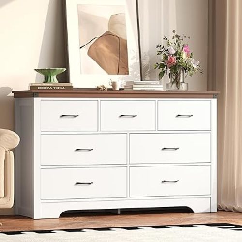 7 Drawers Dresser Chest, 52" Wide Modern Storage Organizer for Bedroom, Wood Tabletop TV Stand with for Guest Room, Closet, Entryway, Nursery, White+Walnut