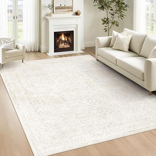 6x9 Area Rugs for Living Room: Washable Vintage Floral Rug Low Pile Non-Slip Boho Carpet for Bedroom Nursery Dining Room (Floral Beige, 6'x9')