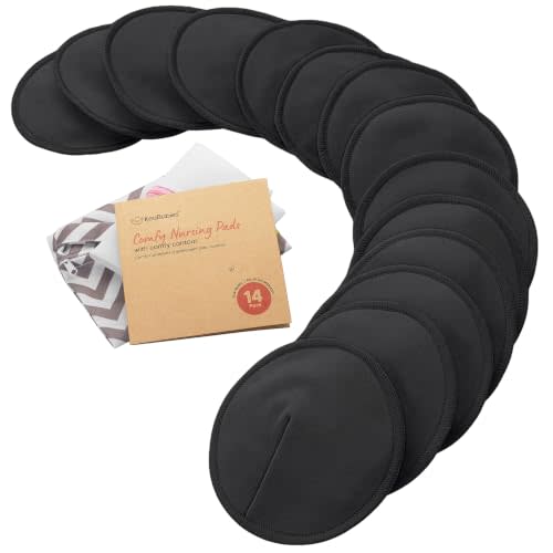 Organic Nursing Pads 14 Washable Breast Pads, Bag (Midnight Black, L 5") | Viscose Derived from Bamboo, Breast Pads for Breastfeeding, Reusable Nipple Covers, Breastfeeding Essentials, Soft, Absorbent