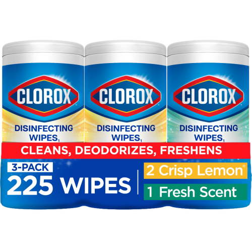Clorox Germicidal Disinfectant Wipes, Non-Bleach Sanitizer, Crisp Lemon and Fresh Scent, 75 Count, 3 Pack