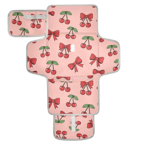 Red Cherry Bows Portable Changing Pad for Unisex Baby Toddler Water-Resistant Foldable Baby Changing Mat with Pillow & Shoulder Strap Travel Changing Station for Walking Traveling Gift Home Dresser