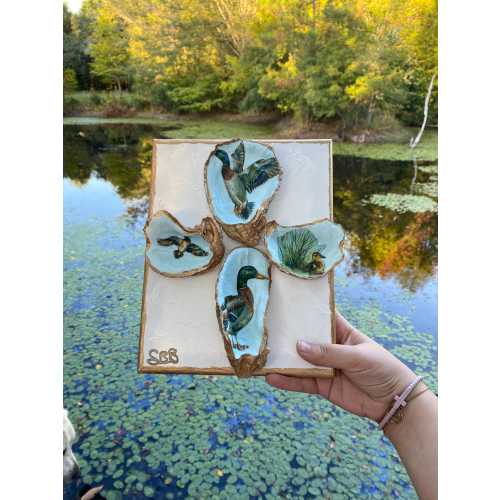 Mallard duck oyster shell cross canvas