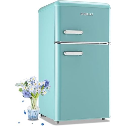 Retro 3.5 Cubic Feet Refrigerator with Top Freezer Two Doors & Two Handles Fridge with 7 Temperature Settings Spacous Capacity & Ideal Size Blue