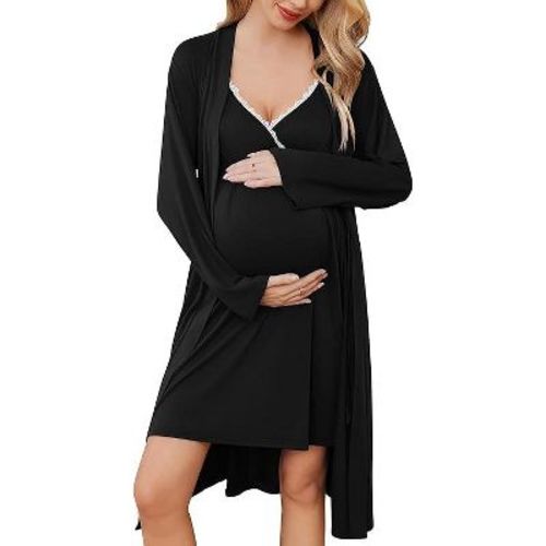 Ekouaer Women's Nursing Nightgown Maternity Nightgowns for Breastfeeding Postpartum Nightgown and Robe Pregnancy Clothes Navy Blue M Black L