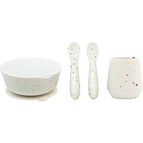 WeeSprout First Feeding Set - Silicone Baby Training Cup 2 Oz, Suction Bowl 10 Oz with Lid & 2 Baby Led Weaning Spoons - For Children 6+ Months - Non-Slip Grip - Dishwasher & Microwave Safe