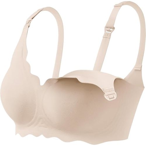 haakaa Nursing Bras for Breastfeeding, Ultra Comfort Scalloped Seamless Jelly Strip“ Supportive Maternity Bras Wireless Pregnancy Bras (Beige, XL)