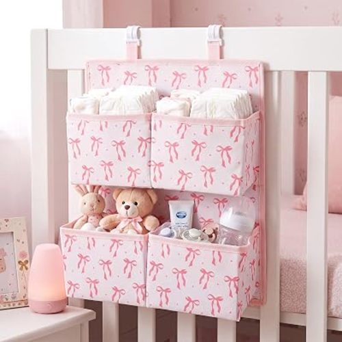 Yookeer Pink Bow Hanging Diaper Organizer for Crib Playpen 4 Deep Pockets
