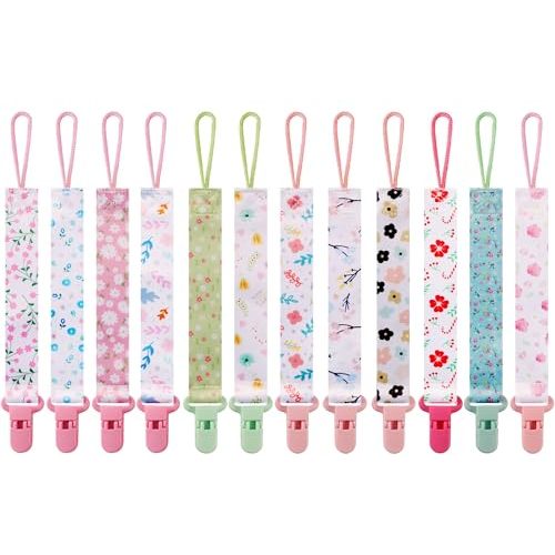 12 Pack Pacifier Clips with Adjustable Strap (32-46.5cm)/Short Strap(25.5cm) - Premium Polyester Baby Pacifier Holder Set, Multi-Design Clips for Boys Girls (Multicolor D 25.5cm)