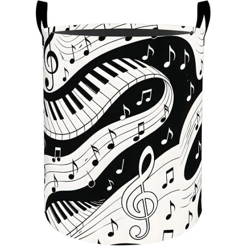 Black and White Music Notes Laundry Basket Hamper for Boys Girls Kids Adults, Foldable Waterproof Oxford Clothes Storage Bin, Piano Organizer for Bedroom Bathroom Room Decor 19.7"x15.7"