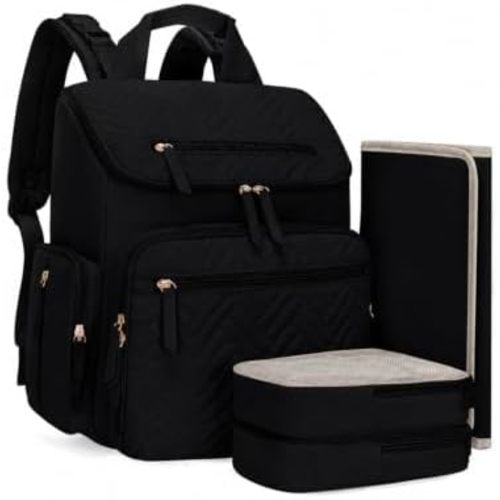 KABAQOO Diaper Bag Backpack with Changing Pad and Insulated Pockets, Black