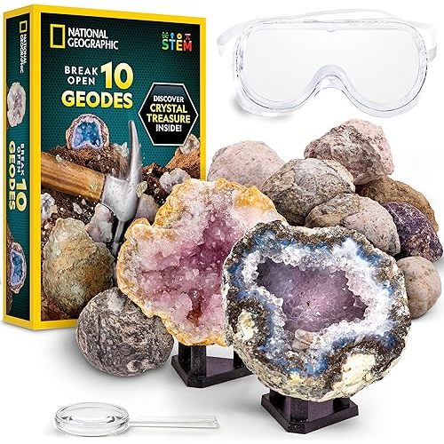 National Geographic Break Open 10 Premium Geodes – Includes Goggles & 2 Display Stands - Great STEM Science Kit, Geology Gift for Kids, Break Your Own Geodes with Crystals