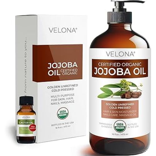 velona Jojoba Oil USDA Certified Organic - 16 Fl Oz in Glass Bottle | 100% Pure and Natural | Golden, Unrefined, Cold Pressed, Hexane Free | Moisturizing Face, Hair, Body, Skin Care