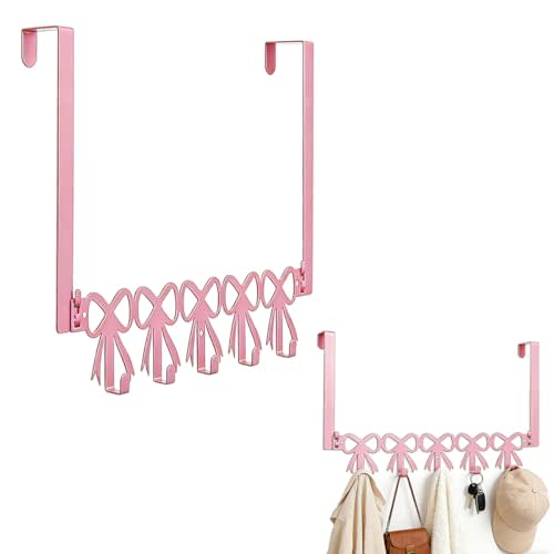 Pink Bow Bathroom Decor,Over the Door Hanger,5 Hooks | Coquette-style,rust-resistant metal,organizes towels,hats & bags,girls & teen room,wall mount,no tools needed