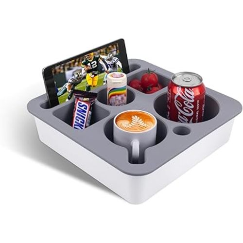 Couch Cup Holder Tray, Bonfixe Stable Couch Caddy for Bed and Sofa, Upgraded Capacity Health-Friendly Silicone Anti-Spill Drink Holder Organizer for Snacks Beverage (White-Gray)