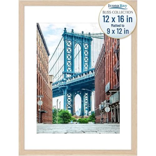 Icona Bay - 12x16 Light Oak Picture Frame Fits 11x15 Photos with Mat to 9x12 Image - Modern Style Engineered Wood Poster Frame - Wall Mount Only - Bliss Collection
