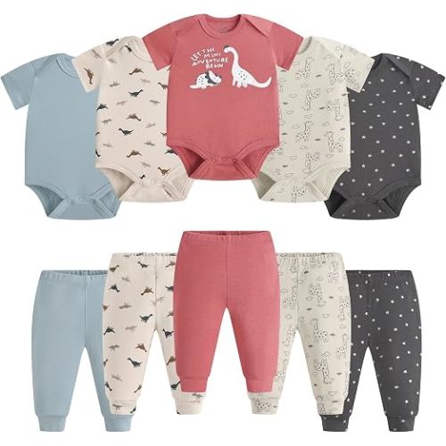 Infant Unisex Baby Bodysuit and Pant Sets Layette 10-pcs Cotton Soft Newborn Boy Girl Clothes Outfits