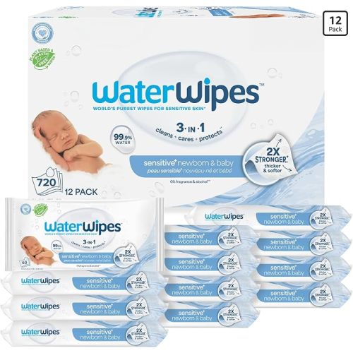 Amazon.com: WaterWipes Sensitive+ Newborn & Baby Wipes, 3-In-1 Cleans, Cares, Protects, 99.9% Water, Unscented & Hypoallergenic, 720 Count (12 Packs) : Baby