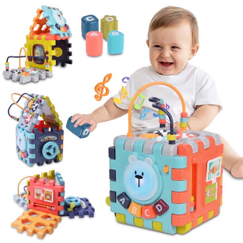 Vomeast 6-in-1 Baby Activity Cube w/ Music, Preschool Montessori Learning Toys for Toddlers Infant, for Birthday Christmas Baby Shower Gifts, Multicolor