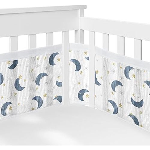 Sweet Jojo Designs + BreathableBaby 2-Piece Breathable Mesh Crib Liner Set (Moon and Star) for Boys/Girls, Baby, Infants/Newborn Nursery (Navy Blue & Gold, Watercolor Celestial Sky Outer Space Galaxy)