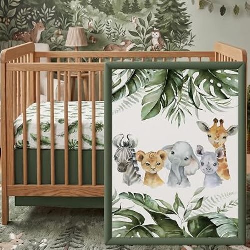 Hahafelt 3 Pcs Safari Baby Crib Bedding Set Tropical Jungle Theme Decor for Infant Bed with Watercolor Elephant Zebra Giraffe Lion Includes Quilt, Fitted Sheet, Skirt for Baby Boy Girl Gifts
