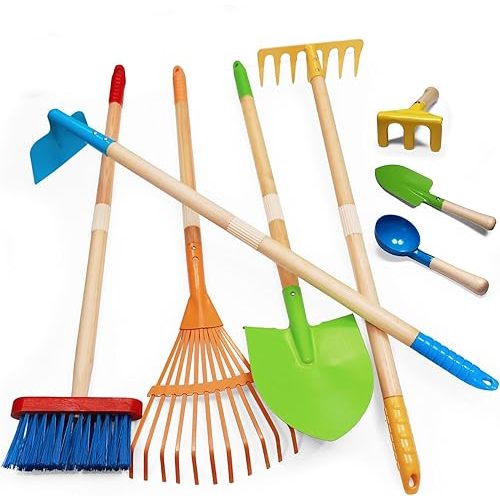 8PCS Kids Gardening Tools, Kids Rake and Shovel Set, Toddler Outdoor Yard Tools, Garden Toys Gifts for Boys Girls Age 3 4 5 6 7 8 Years Old