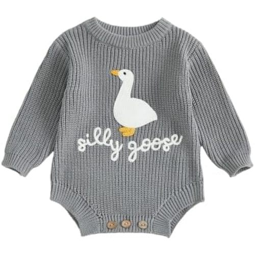 Newborn Baby Girl Boy Sweater Romper Silly Goose Embroidery Knit Long Sleeve Onesie Bodysuit Fall Winter Clothes