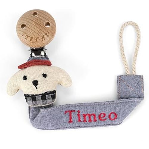 TYRY.HU Personalized Pacifier Clip with Name, Customize Pacifier Leash, Embroidery Ribbon Pacifier Holder for Girls and Boys, Universally Fit All Pacifiers, Cute Dog，Grayish Blue