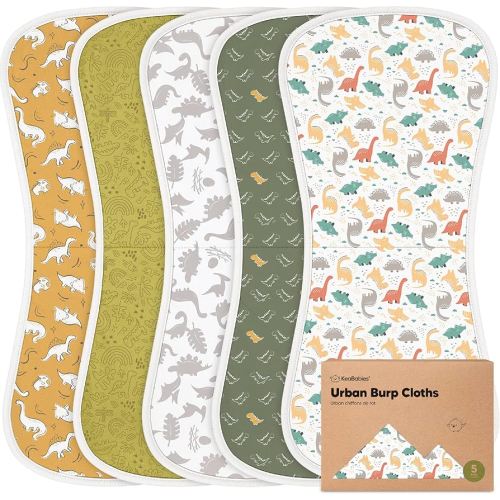 Organic Burp Cloths Baby Boy & Girl - 5-Pack Super Absorbent Cotton Burping Cloths for Babies, Soft & Plush Newborn Spit Up Rags, Infant Towels for Milk Spit Up, Unisex, Large 21" x 10" (Mesozoic)