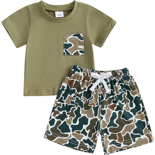 fhutpw Toddler Baby Boy Summer Clothes Tractor Letter Short Sleeve T-Shirt Tops Pockets Casual Shorts Set Infant Outfits