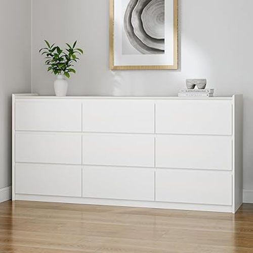 White 9 Drawer Dresser for Bedroom, 62" Wide Modern Storage Organizer for Closet, Hallway, or Living Room
