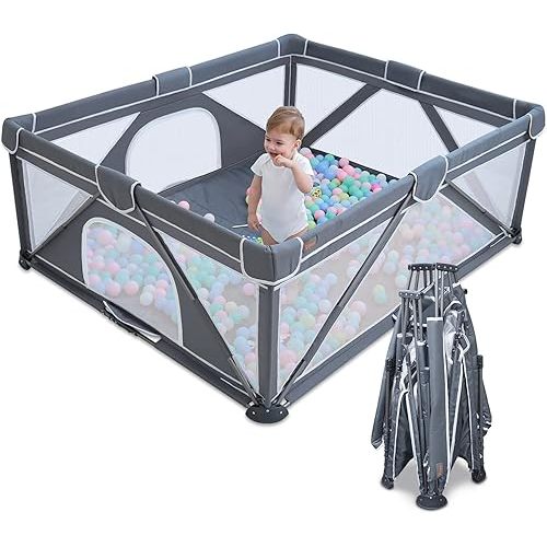 Yobear Foldable Baby Playpen (59"x59") - Portable Play Yard for Babies and Toddlers with 50 Ocean Balls, 2 Pull Handles & Carry Bag - Easy Setup Safe Indoor Outdoor Kids Activity Center (Dark Grey)