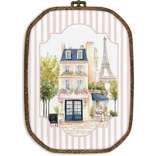 dvhdajed Pink Striped Paris Wall Art Decor, Preppy French Cottage Framed Canvas Art, Trendy Girls Dorm Decorations, Grandmillennial Art Octagon Wall Hanging Decor for Nursery Bedroom, 10.2x7 Inch