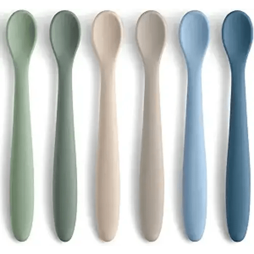 6 Piece Silicone Baby Feeding Spoons, First Stage Infant Soft-Tip Easy on Gums, Training Spoon Self-feeding, Utensils Supplies, Dishwasher & Boil-proof - Blue