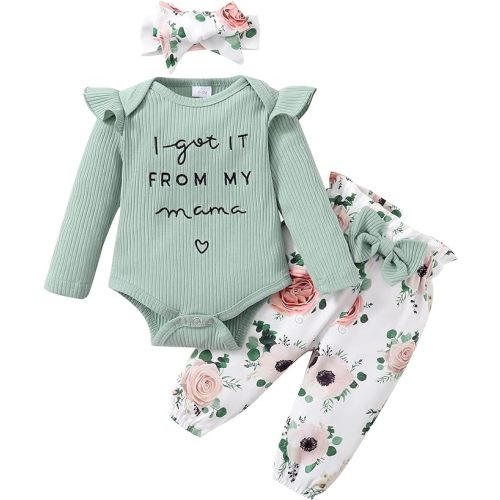 DISAUR Baby Girls Clothes Newborn Infant Baby Girls Outfit Long Sleeve Ruffle Romper Floral Pants Headband Sets 0-18 Months