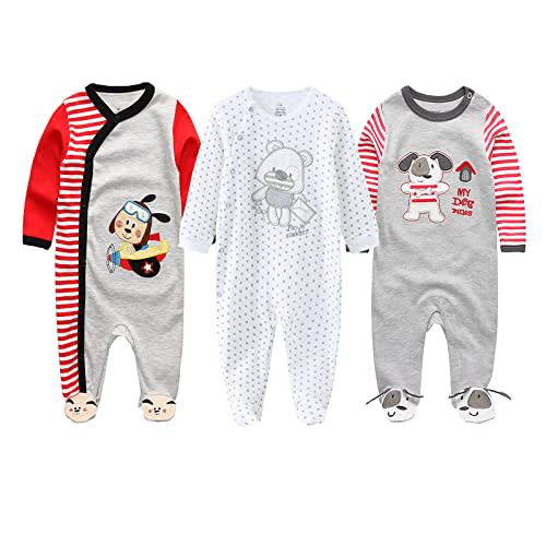 MAMIMAKA Baby Boys Girls Footies One-Piece Romper Long-Sleeve Jumsuit Cotton Newborn Clothes Set 3-Pack Baby Pajamas