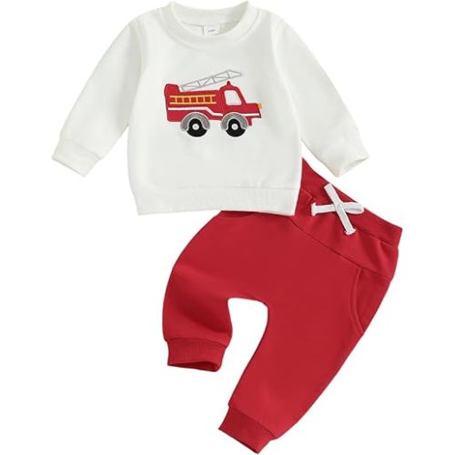 Toddler Baby Boy Fall Winter Clothes Crewneck Sweatshirt Long Sleeve Trucks Shirt and Pants Cute Boys Outfits