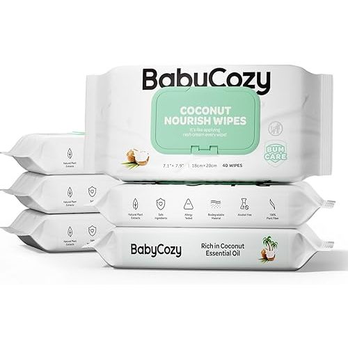 Baby Wipes, Cleansing & Moisturizing 2-in-1 Babycozy Sensitive, 100% Plant Fiber & Biodegradable, Hypoallergenic Baby Coconut Wipes Moisturize Every Cleanse, 240 count (6 pack)