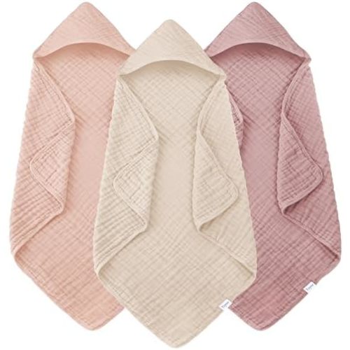 Muslin Hooded Baby Bath Towels - 3 Pack 100% Cotton Ultra-Soft Towels for Newborns, Infants, Toddlers - 32x32 Inch - Highly Absorbent, Quick-Dry Essentials for Bath Time, Beach, Pool, Neutral Series