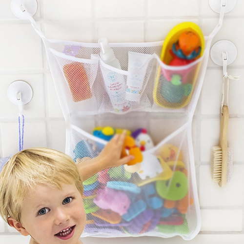 Bath Toy Storage Net with Pockets for Tub, Shower Caddy Holds Baby and Kids Toys, Soap, or Shampoo, 2 Hooks Included, 20 x 14 Inch, White, 1 Pack
