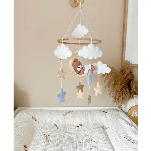 Baby mobile blue with sleeping bear, moon, blue stars, clouds, handmade, felt, beige, gift, baby shower.