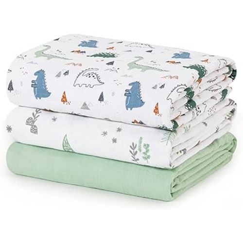 david's kids 3 Pack Baby Muslin Swaddle Blankets, 100% Cotton and Ultra Soft Breathable Receiving Blanket Wrap for Boys Girls, New Born Essentials, Large 47 x 47 inches, Dinosaur