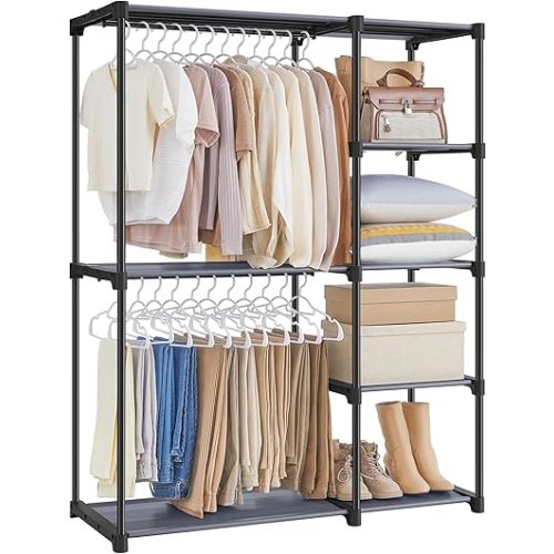 SONGMICS Portable Closet, Freestanding Closet Organizer, Clothes Rack with Shelves, Hanging Rods, Storage Organizer, for Cloakroom, Bedroom, 44.1 x 16.9 x 65 Inches, Gray URYG024G02
