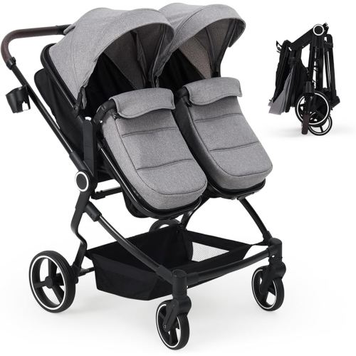 GarveeLife Side by Side Double Stroller for Twins, Lightweight Compact Foldable Baby Travel Stroller with High Landscape Seat, Adjustable Canopy & Recline for Infant and Toddler, Light Grey