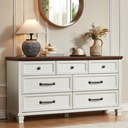Latitude Run® Farmhouse 7 Drawer Dresser for Bedroom, 54” Wood Dresser for Closet, Large Rustic Wooden Dressers, Chest of Drawers for Bedroom, Hallway, Entryway, White | Wayfair