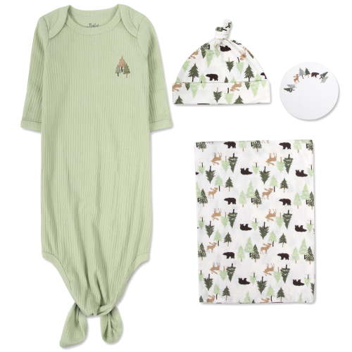 Baby Essentials Long Sleeve Knotted Coming Home Outfit with Matching Swaddle Blanket and Night Cap for Newborn Infants for Sleep, Cuddling, Swaddling and Lounge in Wonderous Woods