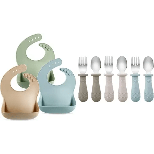 PandaEar Baby Bibs & Toddler Utensils (Light Tan/Walnut/Blue)